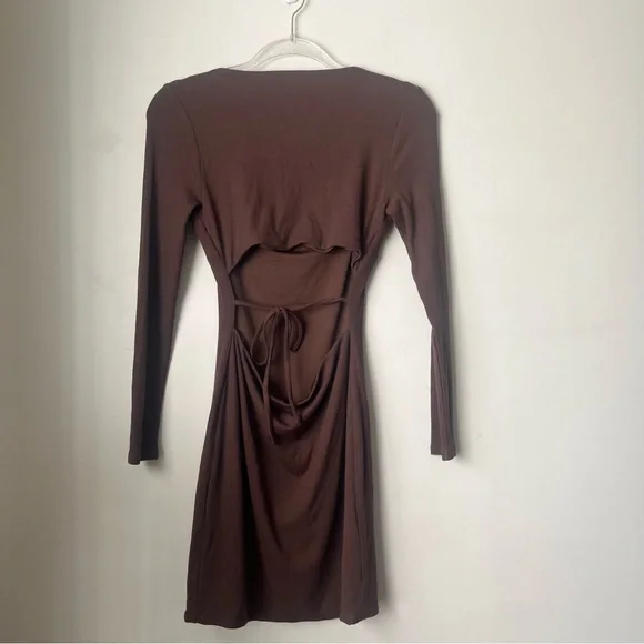 Princess Polly Nolan Brown Longsleeve Open Back Dress 6 - Picture 8 of 9